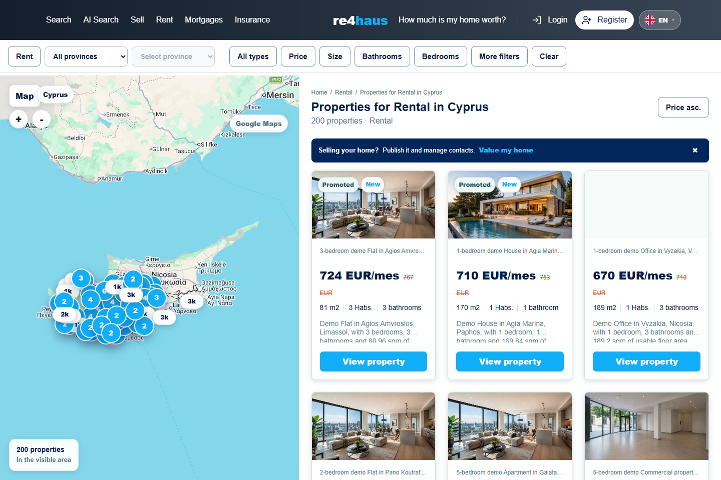 Búsqueda inmobiliaria con mapa, filtros y resultados sincronizados.